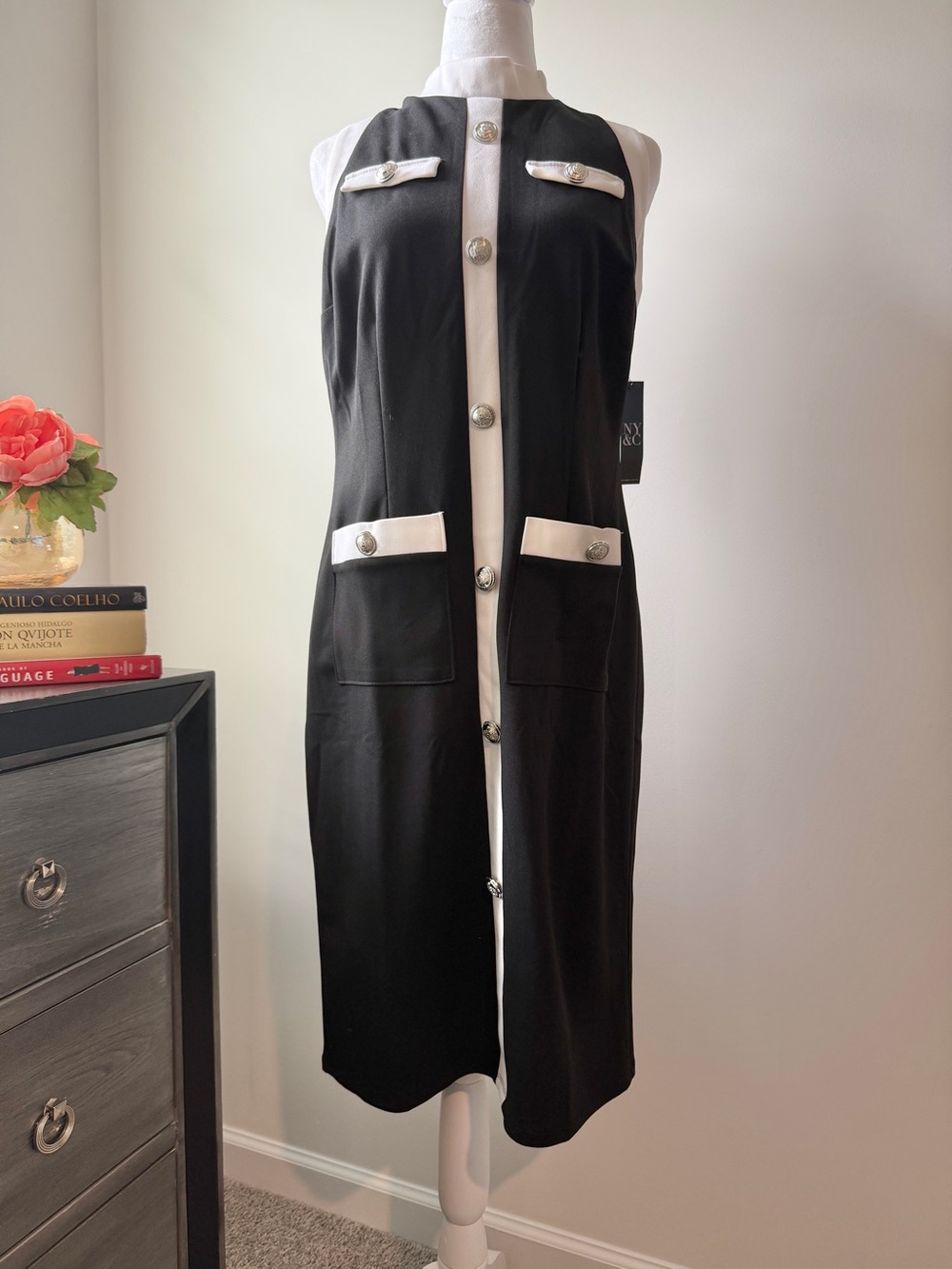 NWT Black Sleeveless Midi Dress with White Trim and Button Accents